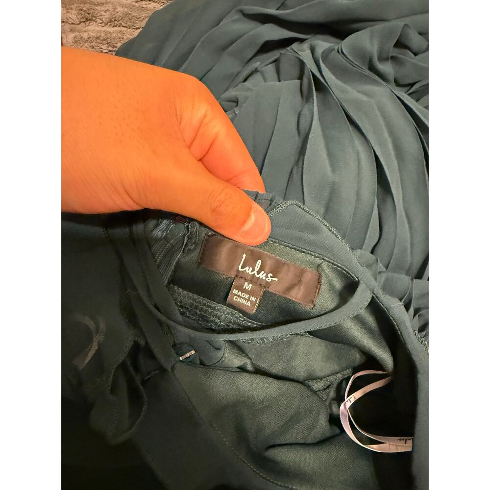 Lulu’s | Never a Dull Moment Emerald Green Tie Strap Pleated Lace Waist Midi - Picture 12 of 12
